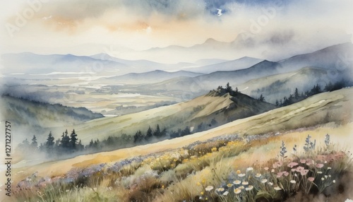 Watercolor illustration of Kuril Hills with rolling green slopes, colorful wildflowers, and misty mountains in the distance, enveloped by a tranquil early morning atmosphere