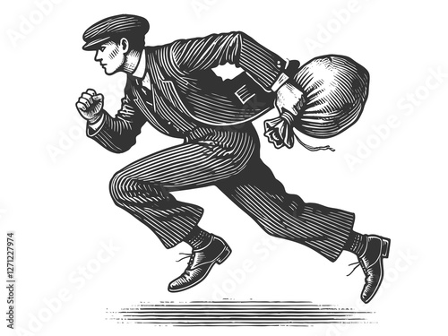 thief in classic attire sprinting with a sack of stolen goods, evoking a vintage crime and noir aesthetic sketch engraving generative ai raster illustration. Scratch board. Black and white image.