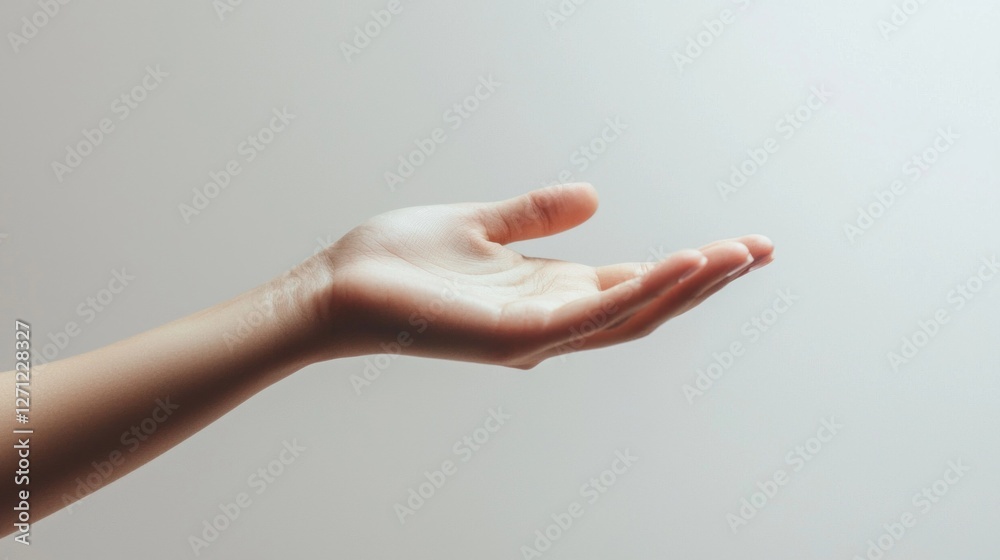 A woman's hand reaches out softly, palm up, in a serene atmosphere filled with potential. The delicate gesture radiates warmth and openness, inviting interaction and inspiration A woman's hand reaches out softly, palm up, in a serene atmosphere filled with potential. The delicate gesture radiates warmth and openness, inviting interaction and inspiration