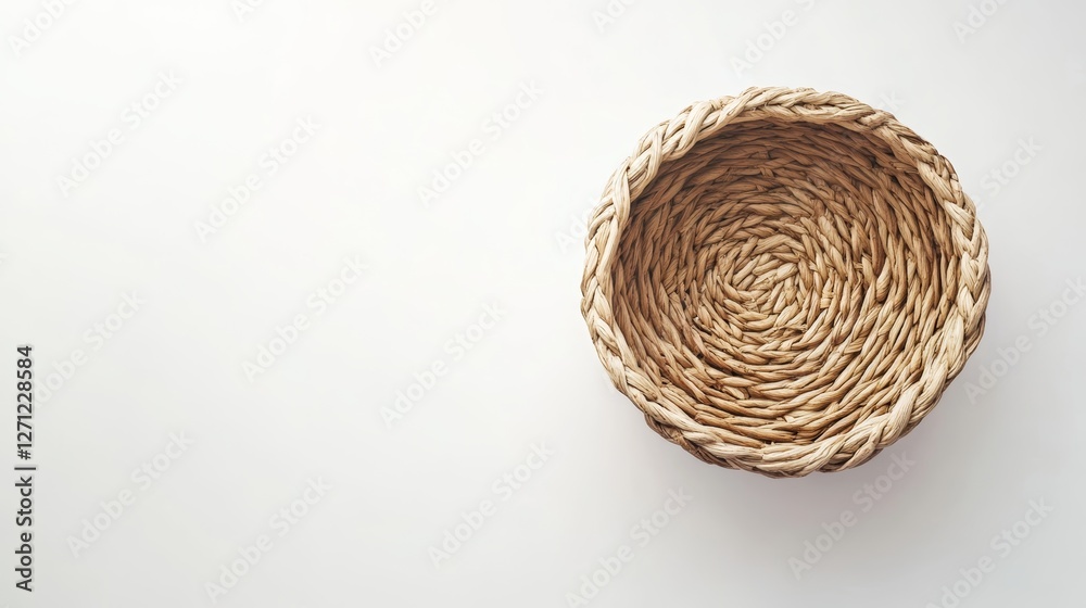 Natural Woven Basket on White Background Top View with Space for Customization Natural Woven Basket on White Background Top View with Space for Customization