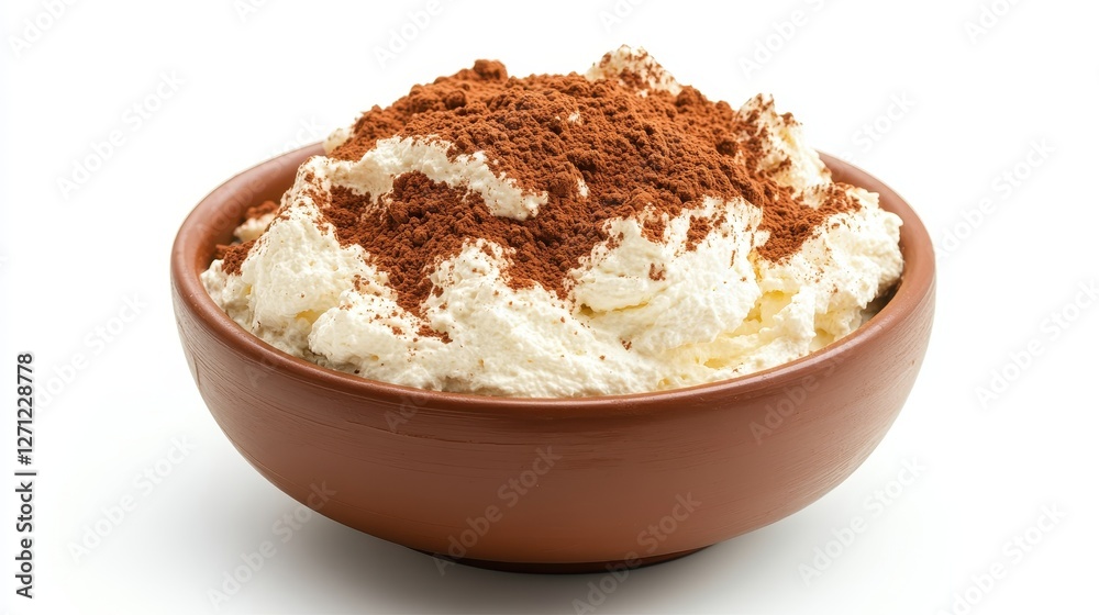 A bowl of fluffy whipped cream dusted with cocoa, ideal for desserts A bowl of fluffy whipped cream dusted with cocoa, ideal for desserts