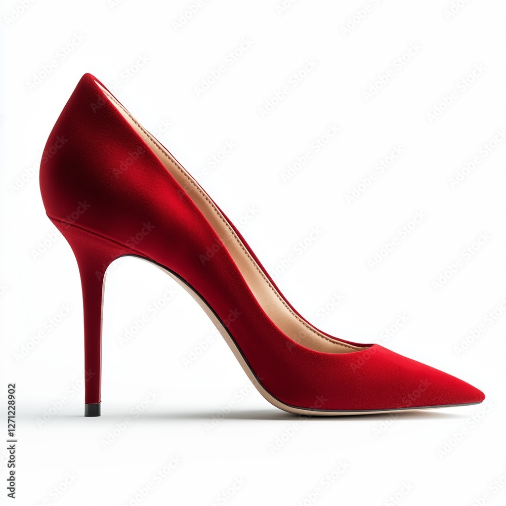 Obraz premium A single elegant red suede high-heeled pump pointed toe slim stiletto heel soft velvety texture deep red color beige leather interior side profile pure white background.