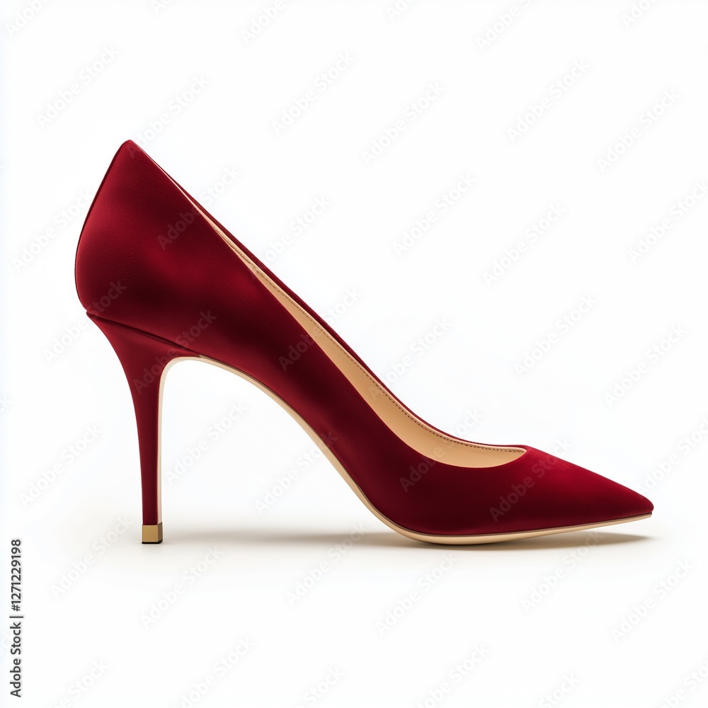 Obraz premium A single elegant red suede high-heeled pump pointed toe slim stiletto heel soft velvety texture deep red color beige leather interior side profile pure white background.