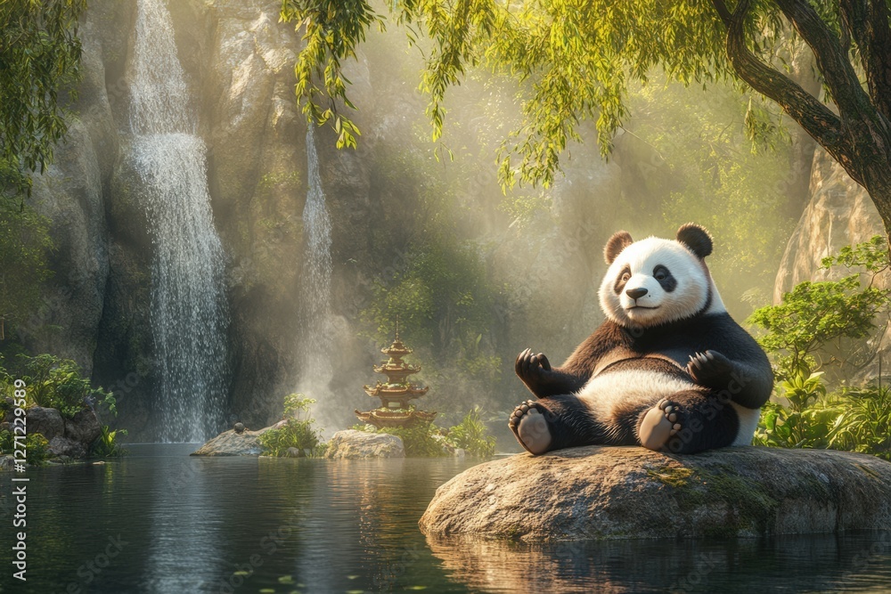 Obraz premium Calm giant panda relaxing near waterfall in mystical forest landscape