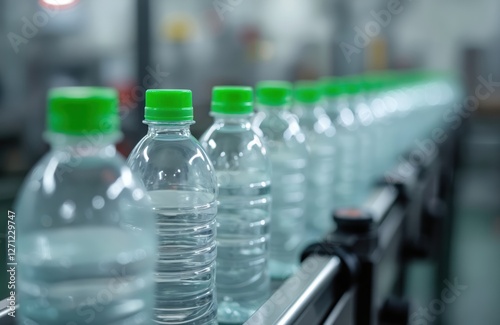Row of clear plastic water bottles with green caps on production line in factory. Blurred background. Beverage manufacturing industry concept. Water bottling process. Plastic recycling. Clean drink photo