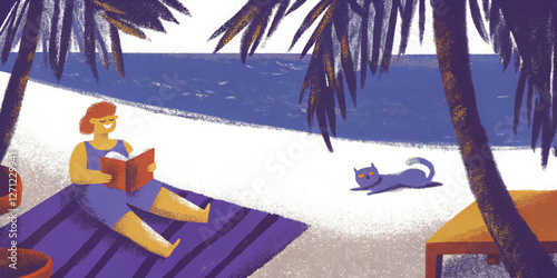 Caucasian female relaxing on beach with cat under palm trees