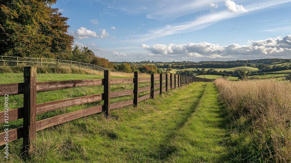 Scenic rural landscape with wooden fence, grassy path, and rolling hills under a bright sky. Scenic rural landscape with wooden fence, grassy path, and rolling hills under a bright sky.