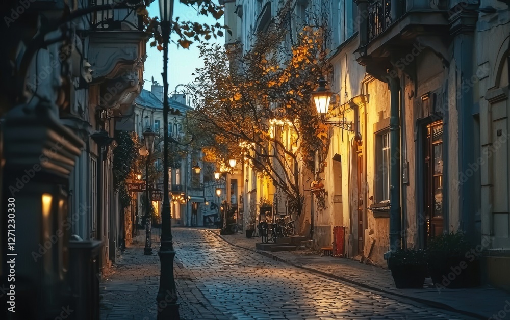 Fototapeta premium A beautiful European city street at dusk