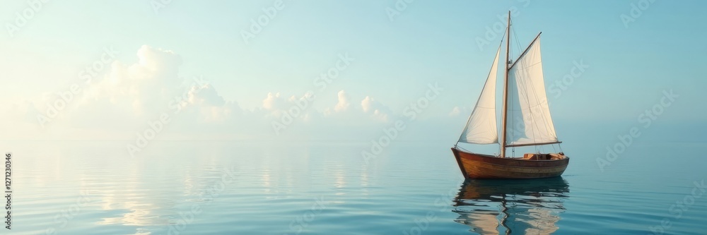 Small wooden sailboat on a serene and still sea, nautical, boat, peaceful Small wooden sailboat on a serene and still sea, nautical, boat, peaceful