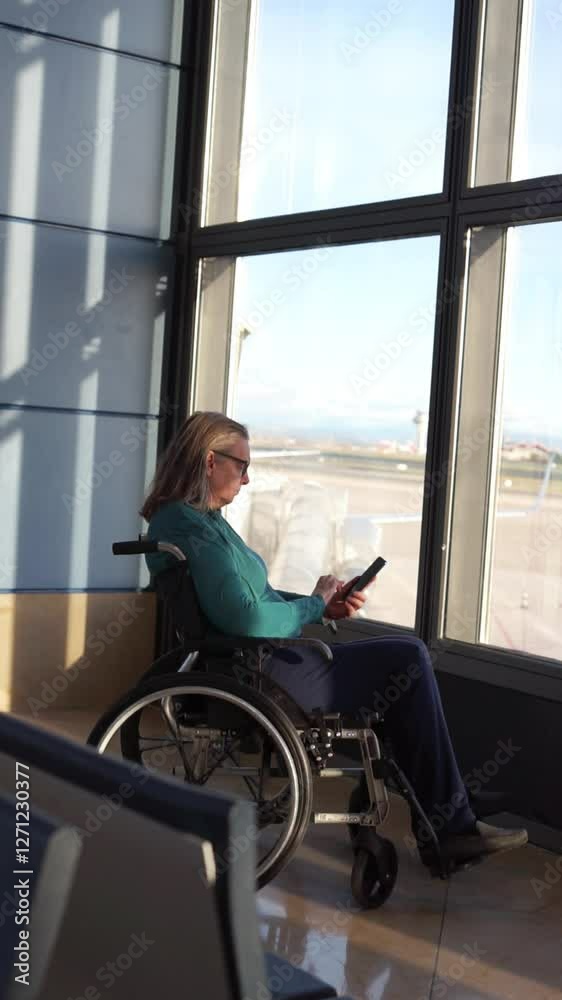 Elderly disabled woman in a wheelchair waiting in an airport terminal looking at her cell phone Elderly disabled woman in a wheelchair waiting in an airport terminal looking at her cell phone