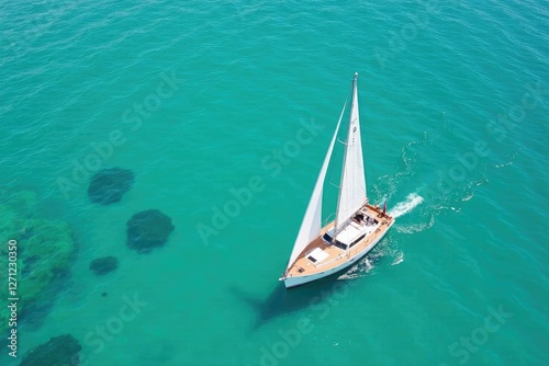 Small white sailboat navigates through clear turquoise water, nautical, blue, turquoise