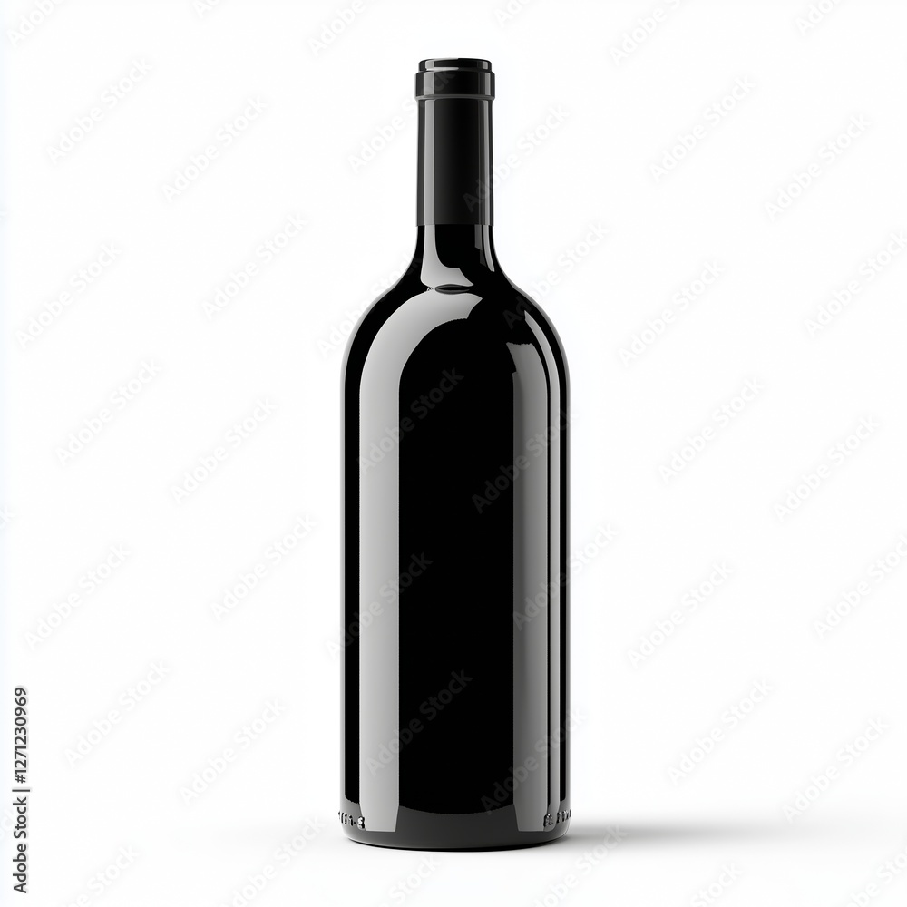 A sleek elegant black wine bottle smooth glossy surface minimalist design black foil capsule no label front-facing pure white background. A sleek elegant black wine bottle smooth glossy surface minimalist design black foil capsule no label front-facing pure white background.