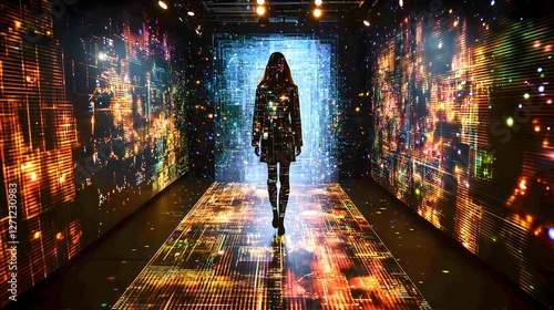 Futuristic holographic catwalk projection showcasing cutting edge fashion designs with vibrant colors dynamic lighting and a visually stunning avant garde aesthetic