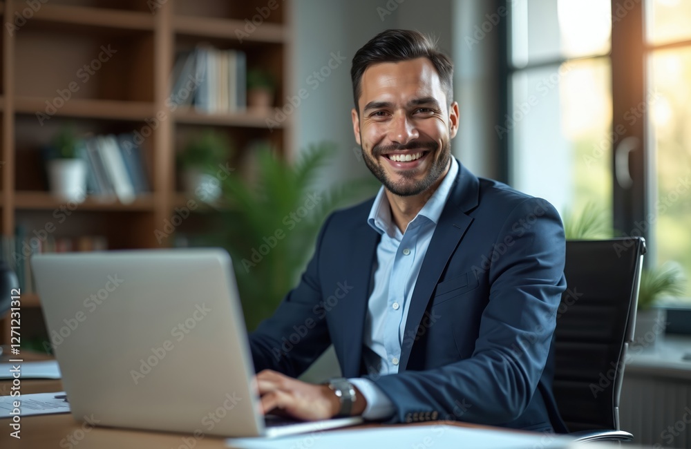 Successful smiling businessman in suit working on laptop. Young entrepreneur types on computer. Man sits at desk in office. Happy worker smiles, looks camera. Confident manager at workplace. Successful smiling businessman in suit working on laptop. Young entrepreneur types on computer. Man sits at desk in office. Happy worker smiles, looks camera. Confident manager at workplace.