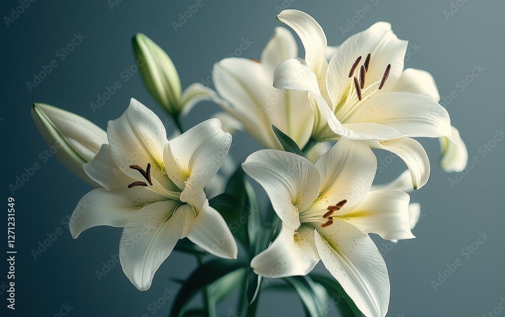 Obraz premium A bouquet of white lilies on a muted gray background