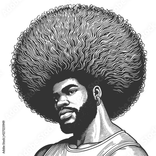 man with an exaggerated voluminous afro hairstyle, blending artistic surrealism with a bold vintage aesthetic sketch engraving generative ai vector illustration. Scratch board. Black and white image.