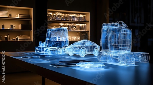 Conceptual futuristic workspace featuring holographic digital accessories and displays projected on a minimalist transparent table for innovative business or technology presentations