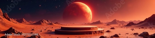 Solo Mars podium with red planet landscape behind, cosmos, mars
