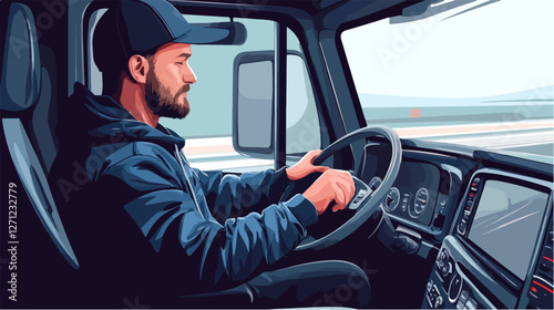 Illustration of a truck driver. Trucker. Man behind the wheel. Driver.