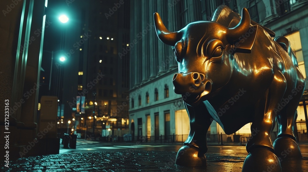 Bronze Bull Statue at Night in Urban Cityscape with Streetlights Bronze Bull Statue at Night in Urban Cityscape with Streetlights
