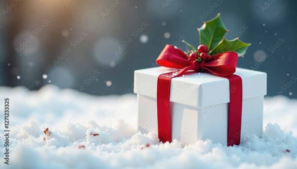 White gift box with red ribbon and sprig of holly, winter, gift, box White gift box with red ribbon and sprig of holly, winter, gift, box