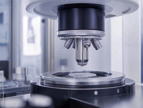 Precision measurement device with a sample undergoing analysis.  High-tech laboratory equipment in action.