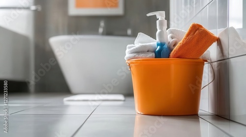 Bathroom cleaning supplies set in orange bucket. photo