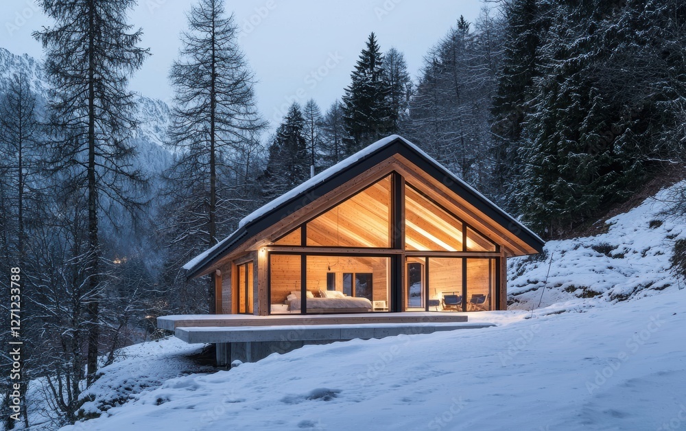 A cozy wooden cabin nestled among the Alpine trees in winter A cozy wooden cabin nestled among the Alpine trees in winter