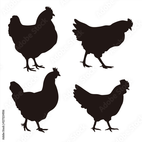 Collection of vector silhouettes of hens isolated on white background. Collection of Different Rooster, Cock, Hen, Chicken Poses. Perfect symbol for your web site design, logo, app, UI. Vector illustr