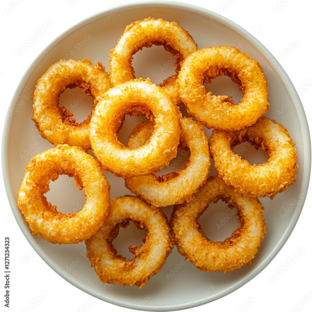 Crispy golden onion rings arranged on white plate, showcasing their crunchy texture and appetizing appearance. Perfect for snacking or as side dish Crispy golden onion rings arranged on white plate, showcasing their crunchy texture and appetizing appearance. Perfect for snacking or as side dish