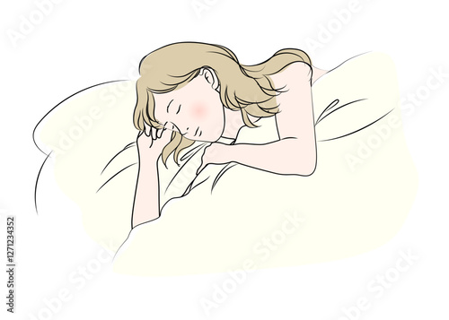 ベッドの中で眠る女性のイラスト 上半身横向き　横顔