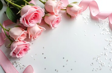 Corner arrangement of fresh pink rose flowers with silk ribbon, shiny glitter confetti. Gentle floral bouquet for love message, gift card for valentine day holiday wedding design. Celebration decor.