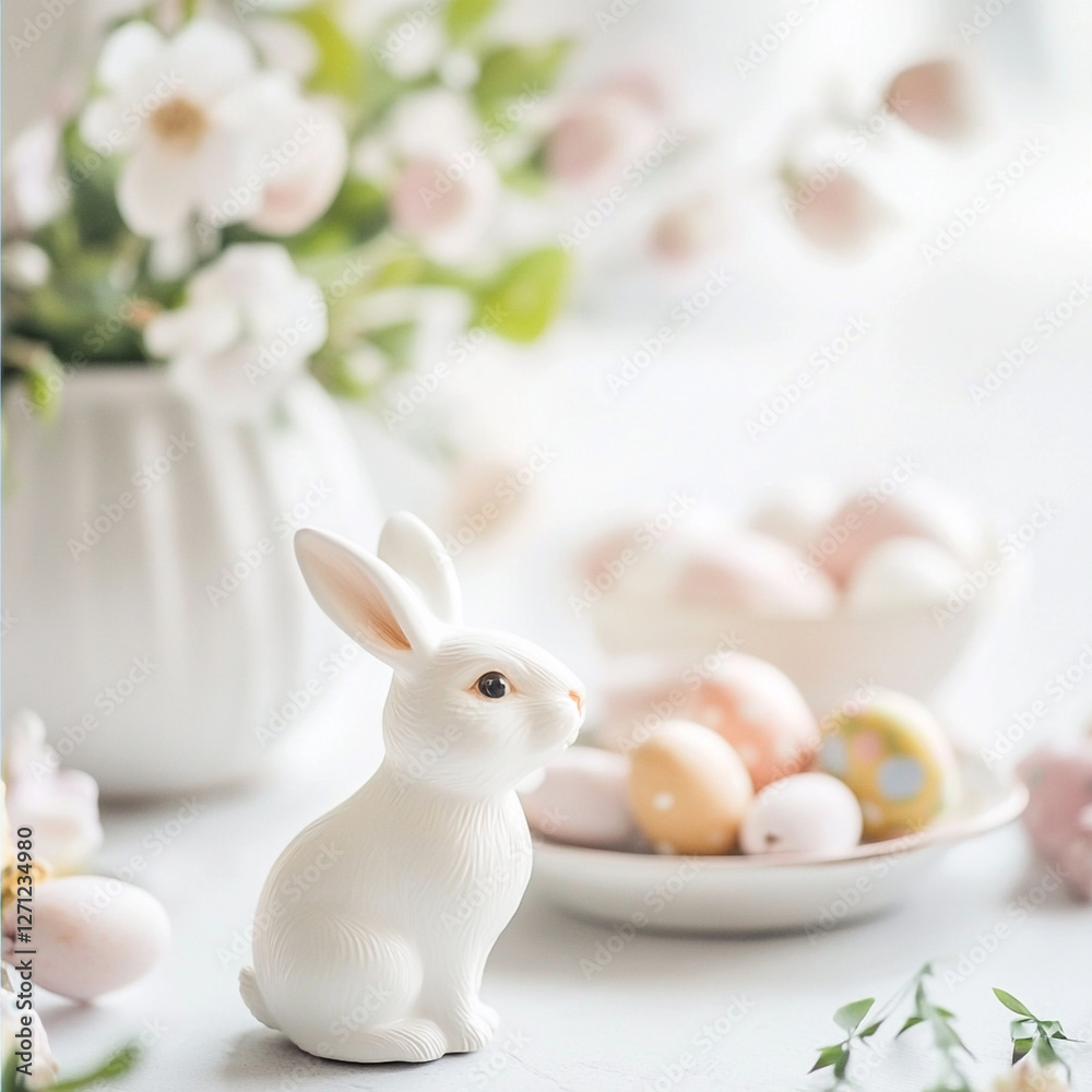 Cute Easter bunny figurine and chocolate food pastel colors. Easter food in pastel colors. Cute Easter bunny figurine and chocolate food pastel colors. Easter food in pastel colors.
