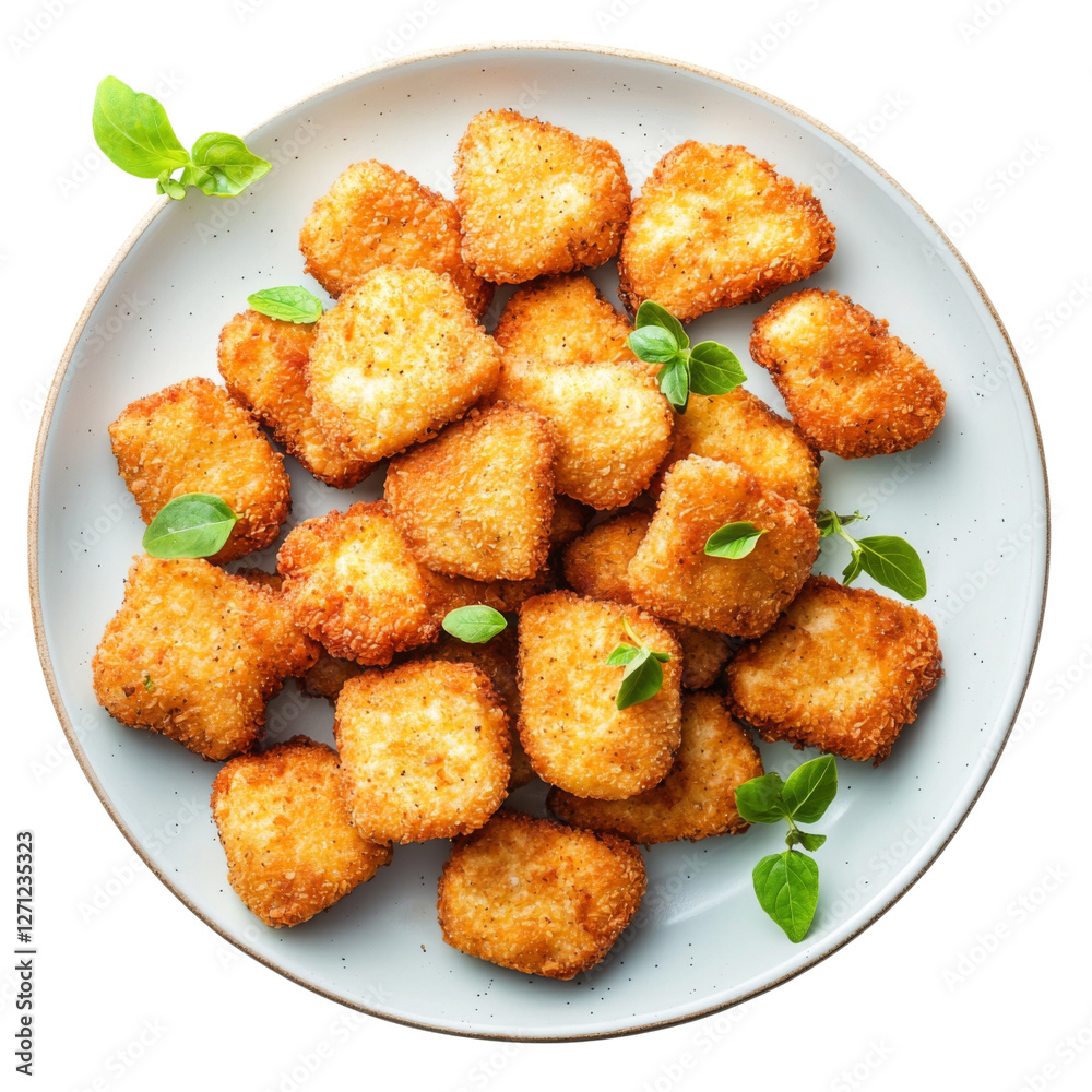 Crispy golden chicken nuggets arranged on plate, garnished with fresh herbs, creating delicious and appetizing presentation. Perfect for snacks or meals Crispy golden chicken nuggets arranged on plate, garnished with fresh herbs, creating delicious and appetizing presentation. Perfect for snacks or meals