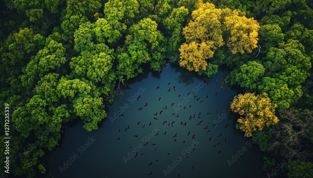Naklejka premium Scenic Aerial View of Lush Green Forest with Vibrant Yellow Tree