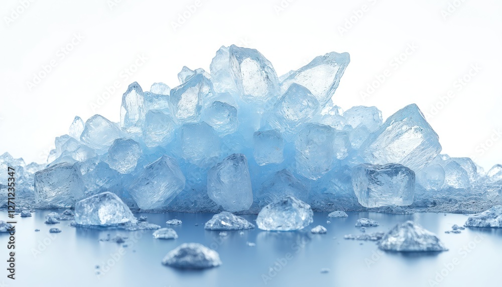 Obraz premium Pile of blue ice crystals with transparent parts background. Shattered, broken glace cubes heap. Design element on white. Frozen water blocks on blue surface. Abstract texture background, frost