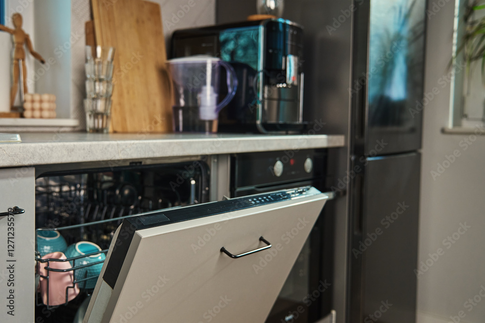 Partially open dishwasher filled with clean ceramic bowls and cups in modern kitchen. Energy-efficient home appliance for convenient dish cleaning