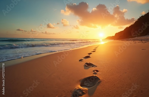 Golden sand beach with footprints leading to ocean, sun, horizon, morning sky at sunrise. Footsteps mark path near coastline. Tranquil sea, vacation and barefoot walk on summer shore.
