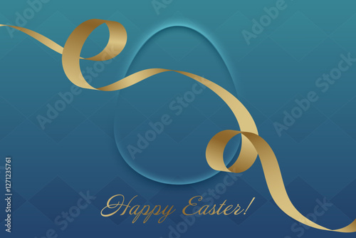 Joyful Easter. Decorative golden ribbon flows gracefully across a blue background, highlighting a hidden egg shape. A stylish celebration of resurrection and renewal