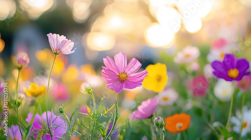 Vibrant Cosmos Flowers in a Sunlit Meadow