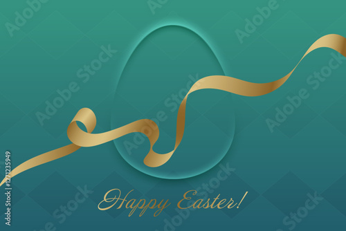 Joyful Easter. Luxurious gold ribbon flows across a soft green background, framing an Easter egg and embodying the spirit of resurrection and joy.