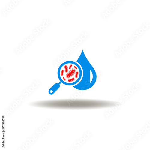 Vector illustration of water drop with magnifier and bacterium. microorganism. Symbol of legionella pneumophila. Icon of infection in water. Pictogram of disinfection of drinking water.