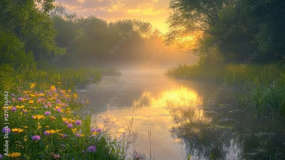 Obraz premium Golden serenity, A misty river landscape at sunrise with wildflower meadow