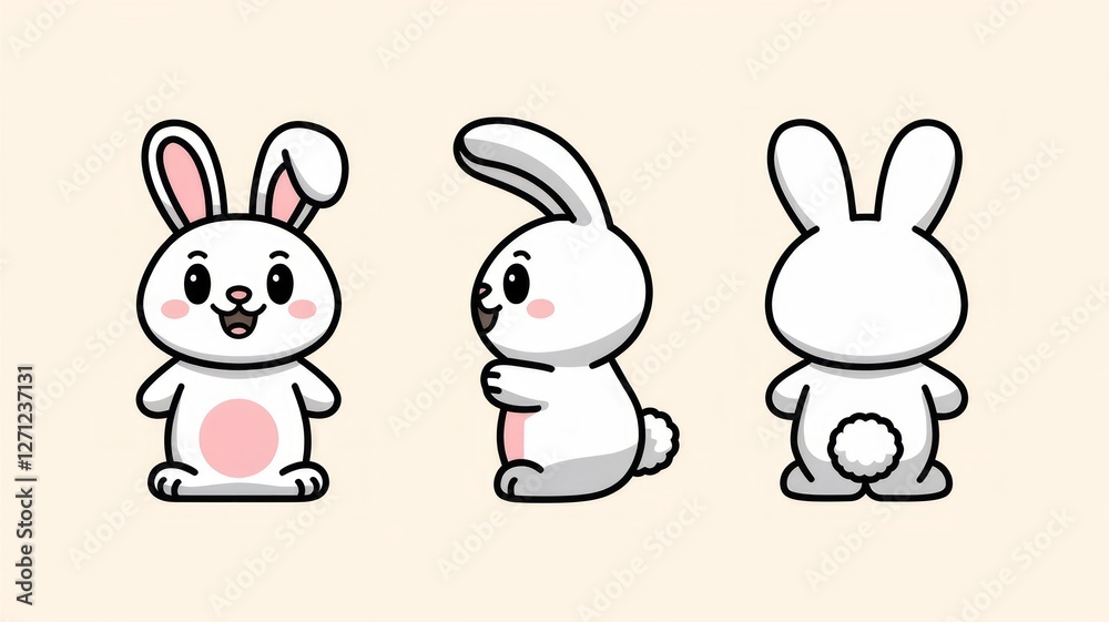 Cute Cartoon-Style White Rabbit Character in Front, Side, and Back Views on a Light Beige Background Generative AI Cute Cartoon-Style White Rabbit Character in Front, Side, and Back Views on a Light Beige Background Generative AI