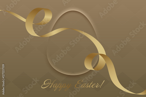 Spring Festivity. Shimmering gold ribbon twirls over a sophisticated beige Easter card, representing seasonal renewal. This festive greeting embodies faith, celebration, religious symbolism