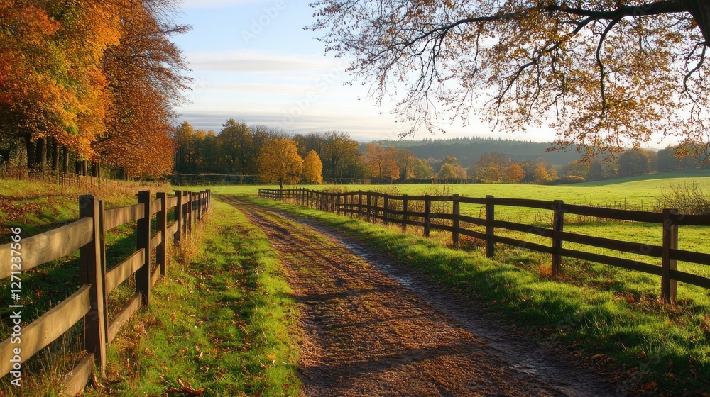 Scenic autumn country lane with wooden fence, vibrant foliage, and sunlight. Scenic autumn country lane with wooden fence, vibrant foliage, and sunlight.