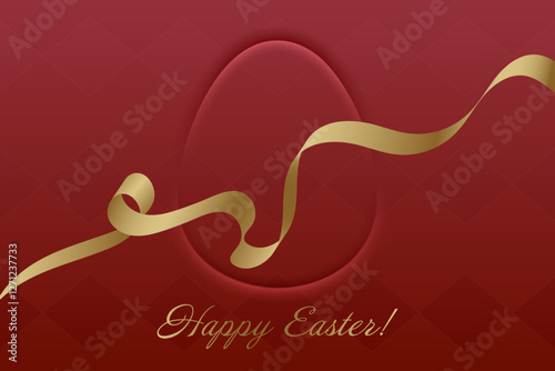 Happy Easter. Golden ribbon on deep red background, festive greeting card, Christian holiday, resurrection, faith, blessing, spring celebration, sacred tradition, church, renewal, prayer.