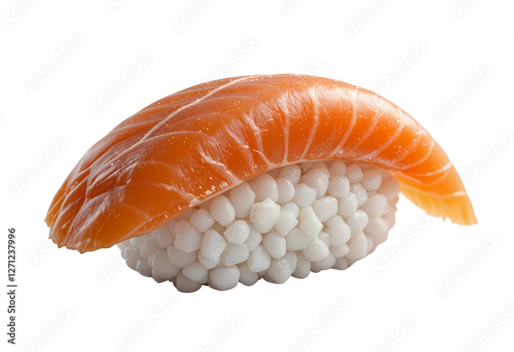 A hyper-realistic 3D render of a sushi nigiri piece, featuring a slice of fresh, glossy salmon on a carefully shaped bed of white sushi rice. The texture of the fish is smooth with subtle marbling. A hyper-realistic 3D render of a sushi nigiri piece, featuring a slice of fresh, glossy salmon on a carefully shaped bed of white sushi rice. The texture of the fish is smooth with subtle marbling.