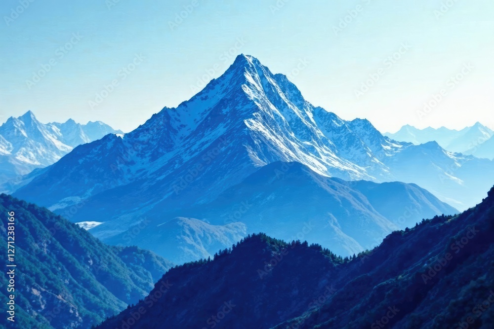 Fototapeta premium Abstract blue stripes covering a mountain peak, breathtaking scenery, abstract art, unique perspective