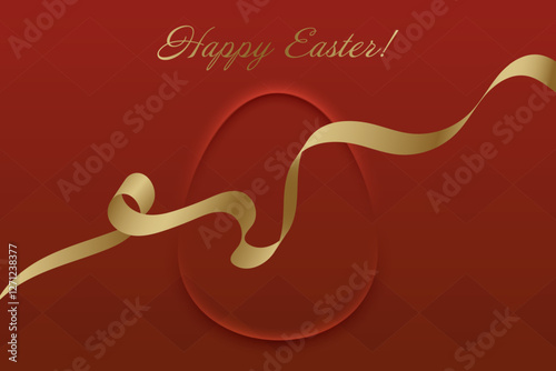 Christian Holiday. Easter greeting card, golden ribbon, deep red background, religious tradition, resurrection of Christ, faith, spiritual awakening, church gathering, devotion.